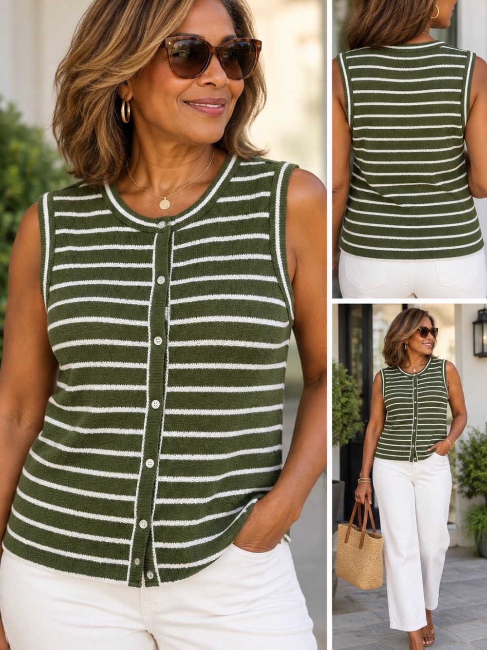 Madewell XL Olive Green & Ivory Striped Button Front Sleeveless Knit Vest